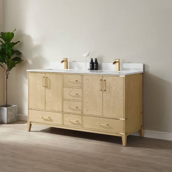 Zaragoza 60in. Washed Ash Vanity w/ White Ceramic Countertop (No Mirror) Bed Bath & Beyond